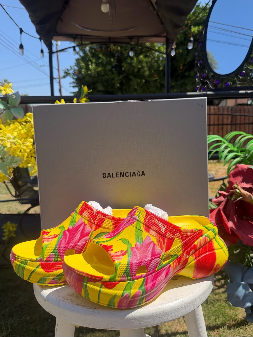 Balenciaga Yellow Pink Floral Platform Slides